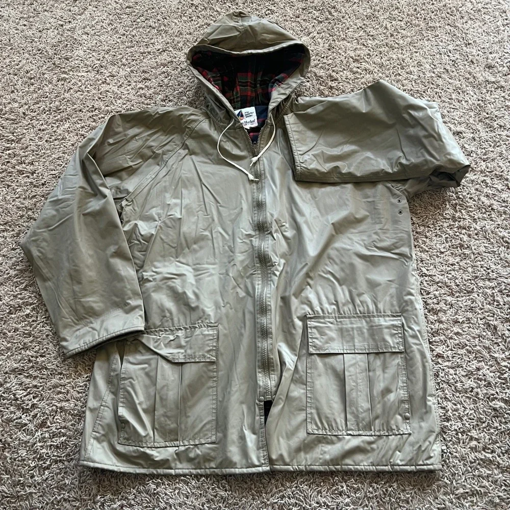 Misty Harbor Any Weather Slicker Khaki Rain Jacket Plaid Lined Hooded Sz Large
